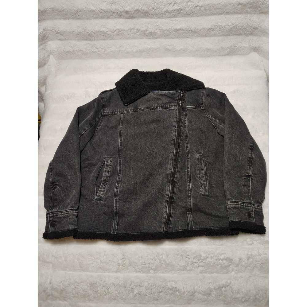 Calvin Klein Jeans Women's Black Denim Trucker Lined Zip Jacket Sz XL (No Belt)